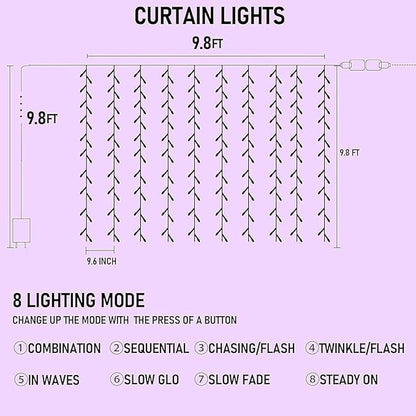 Dazzle Bright 300 LED Christmas Curtain String Lights, Halloween Fairy Lights for Bedroom with 8 Lighting Modes, Waterproof Window Light Party Wedding Garden Wall Decor, Purple