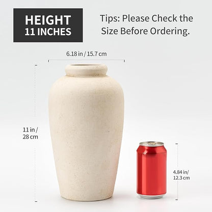 Large Ceramic Rustic Vase, 11 inch Minimalist Decorative Farmhouse Tall Vase for Home Decor, Living Room, Shelf Decor, Enterway, Wedding, Table Decoration, White