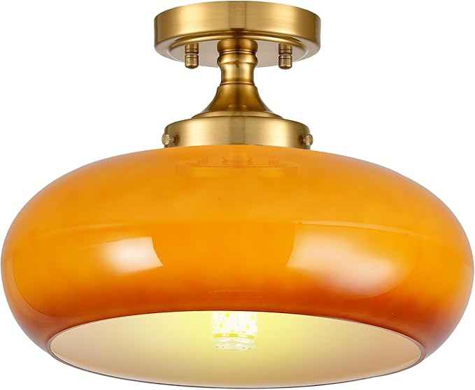 Mid Century Modern Gold Semi Flush Mount Ceiling Light Classic Orange Ceiling Lamp Vintage Glass Kitchen Light Fixture for Hallway Entryway Living Room Bathroom