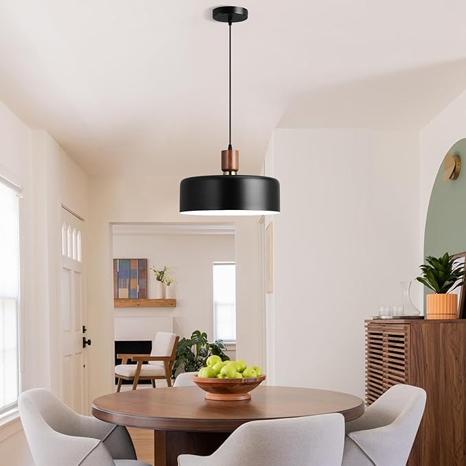 Eustace 13.8 inch Large Pendant Light, Adjustable Metal Chandelier with Solid Wood and Brass Accent, Modern Hanging Light Fixtures for Kitchen Island, Bar, Dining Room, Bedroom, Living Room