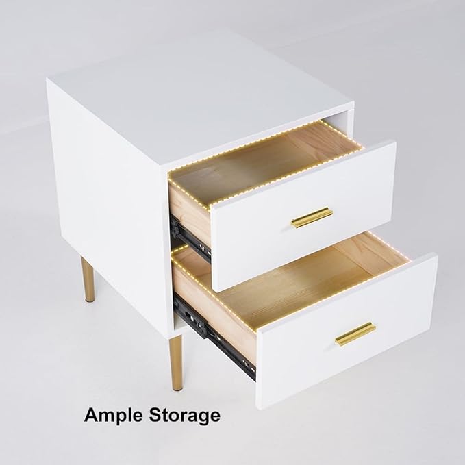 homary Modern Wood Nightstand with Gold Legs 2-Drawer Bedside Table in White