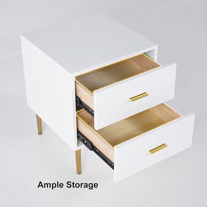 homary Modern Wood Nightstand with Gold Legs 2-Drawer Bedside Table in White