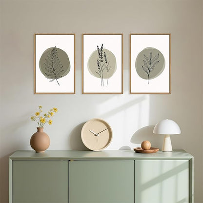 HOURIA Sage Green Leaves Framed Canvas Wall Art Set,Minimalism Boho Leaf Wall Decor, Modern Nature Botanical Wall Painting,Mid Century Plant Art Prints for Living Room,Bedroom,Farmhouse-16 x24 x3
