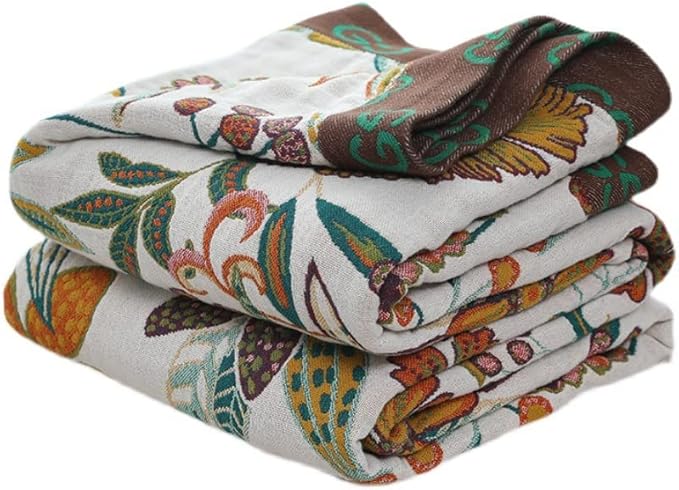 Boho Throw Blanket 100% Cotton Woven Ultra Soft 4-Layer Muslin Quilt Farmhouse Bed Blanket Cover 60"x80", Floral