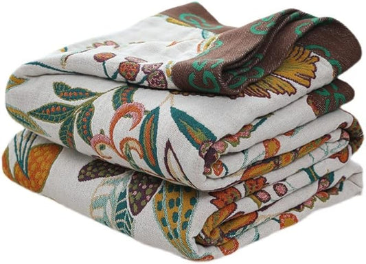 Boho Throw Blanket 100% Cotton Woven Ultra Soft 4-Layer Muslin Quilt Farmhouse Bed Blanket Cover 60"x80", Floral