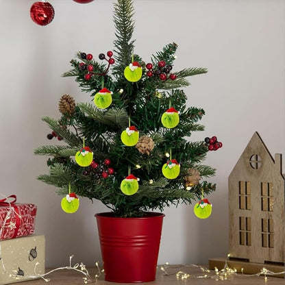 12 Pcs Green Furry Christmas Ball Ornaments,2.4 in Lime Green Plush Ball Hanging Ornaments with Red Santa Hat,Snowman and Leaf,Elf Xmas Hanging Baubles,Soft Faux Fur Pom Pom Ball Decor for Tree