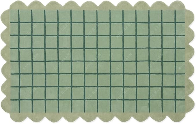 Mint Green Scalloped Edge Wool Area Rug with Checker Grid Design, Hand-Tufted Soft Carpet for Living Room, Bedroom, Nursery, Kids & Playroom Décor - 8x8 Ft (Square)