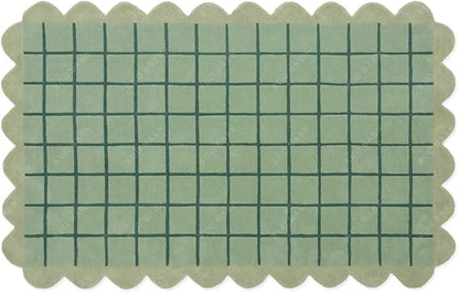 Mint Green Scalloped Edge Wool Area Rug with Checker Grid Design, Hand-Tufted Soft Carpet for Living Room, Bedroom, Nursery, Kids & Playroom Décor - 7x7 Ft (Round)