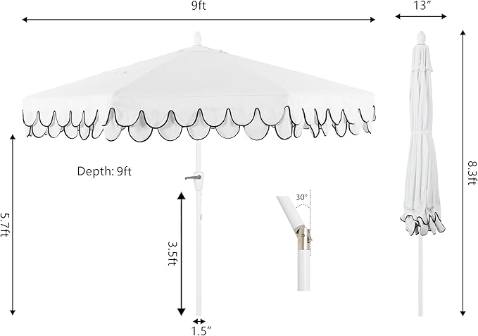 JONATHAN Y UMB1002D Tracy 9 ft. Classic MidCentury Scalloped Fringe Market Patio Umbrella with Auto-Tilt, Crank, Wind Vent and UV Protection in White/Black