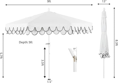 JONATHAN Y UMB1002D Tracy 9 ft. Classic MidCentury Scalloped Fringe Market Patio Umbrella with Auto-Tilt, Crank, Wind Vent and UV Protection in White/Black