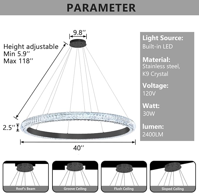 40" 1 Ring Crystal Chandelier Modern LED Dimmable Ring Pendant Light Chandelier for Dining Room Living Room Black