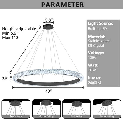 40" 1 Ring Crystal Chandelier Modern LED Dimmable Ring Pendant Light Chandelier for Dining Room Living Room Black