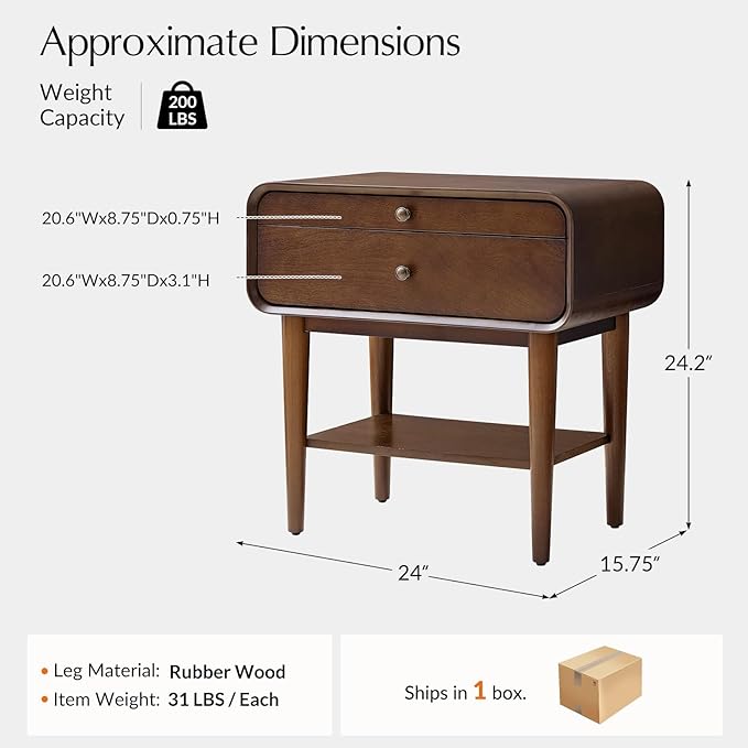 HULALA HOME Nightstand with Pull-Out Shelf, Mid Century Modern End Table with Storage Drawer, Charging Station, Solid Wood Legs, Walnut