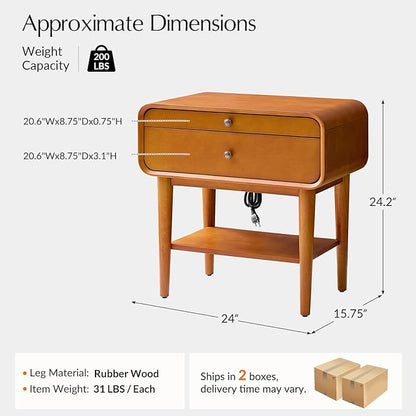 HULALA HOME Nightstand Set of 2 with Pull-Out Shelf, Mid Century Modern End Table with Storage Drawer, Charging Station, Solid Wood Legs, Acorn