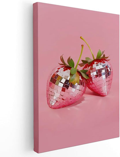APJYM Funky Red Strawberry Wall Art, Trendy Retro Y2K Disco Ball Strawberry Canvas Wall Art, Aesthetic Posters for Girls Bedroom, Pink Room Decor Y2K, Preppy Room Decor, 16x24 Inches Framed
