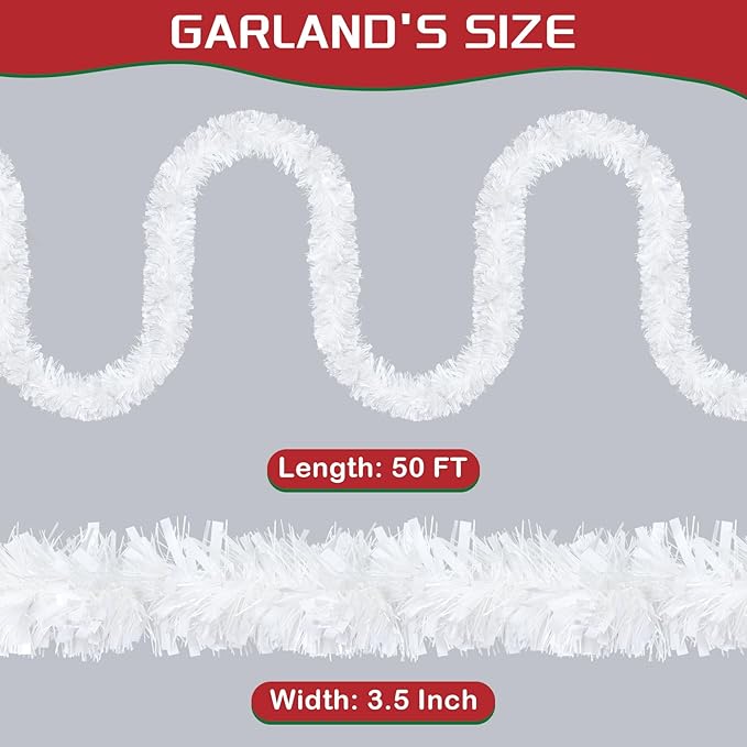 50FT White Christmas Tinsel Garland, Metallic Tinsel Glitter Twist Garlands Hanging Streamers, Xmas Tree Garland Decorations