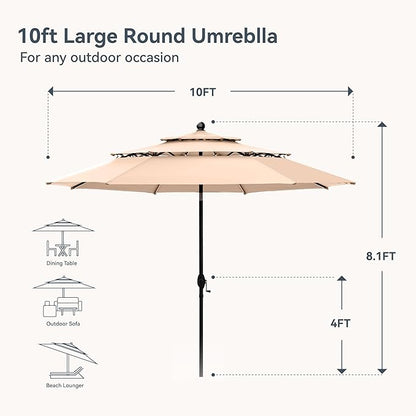 PHI VILLA 10ft Patio Umbrellas, Outdoor 3 Tier Vented Large Market Table Umbrella with 8 Sturdy Ribs and 1.5" Umbrellla Pole for Lawn Poolside Garden Terrace, Beige(No Base)