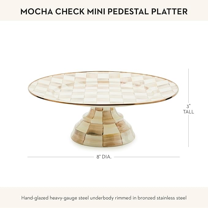 MACKENZIE-CHILDS Enamel Pedestal Platter, Round Cake Stand, Mini, Brown-and-White Mocha Check