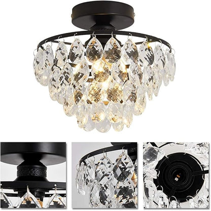 YYJLX Modern Small Crystal Ceiling Light Fixture Mini Black Semi Flush Mount Chandelier Light Fixture for Hallway Bedroom Bathroom Closet e26