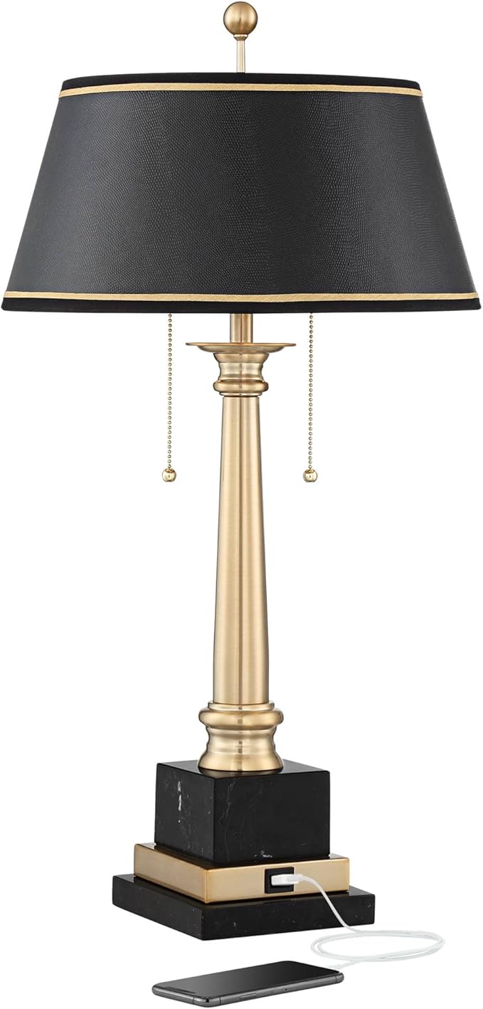 Barnes and Ivy Georgetown 28 1/2" Tall Traditional Table Lamp with USB Charging Ports A+C Warm Brass Steel Black Gold Trim Drum Shade for Living Room Bedroom Nightstand Bedside Office House