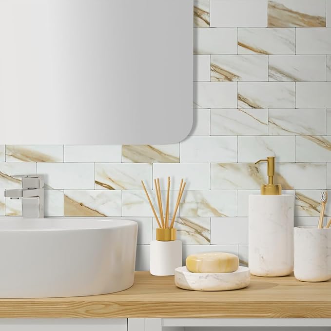AULIGET 3" x 6" Subway Tile Peel and Stick Backsplash, Thick PVC Stick on Wall Tiles (4, Calacatta Gold)