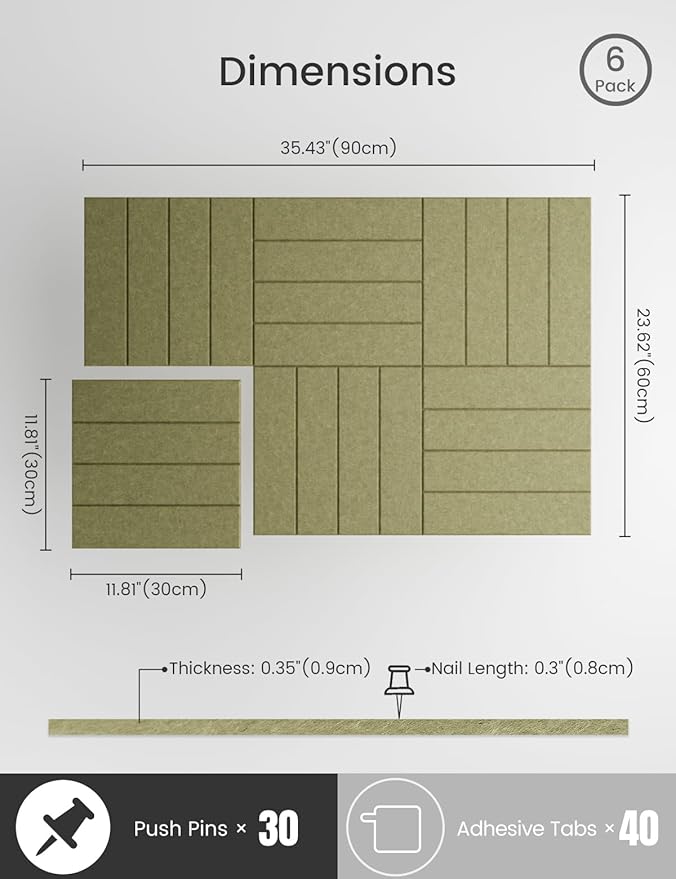 Bumusty Large Cork Board Alternative-36 x24 Felt Bulletin Board Tiles, with 30 Pushpins, 40 Adhesive Tabs, 6-Pack Slat Wall Paneling, Cork Boards for Office Push Pin Board Felt Board-Olive Green