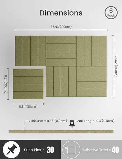 Bumusty Large Cork Board Alternative-36 x24 Felt Bulletin Board Tiles, with 30 Pushpins, 40 Adhesive Tabs, 6-Pack Slat Wall Paneling, Cork Boards for Office Push Pin Board Felt Board-Olive Green