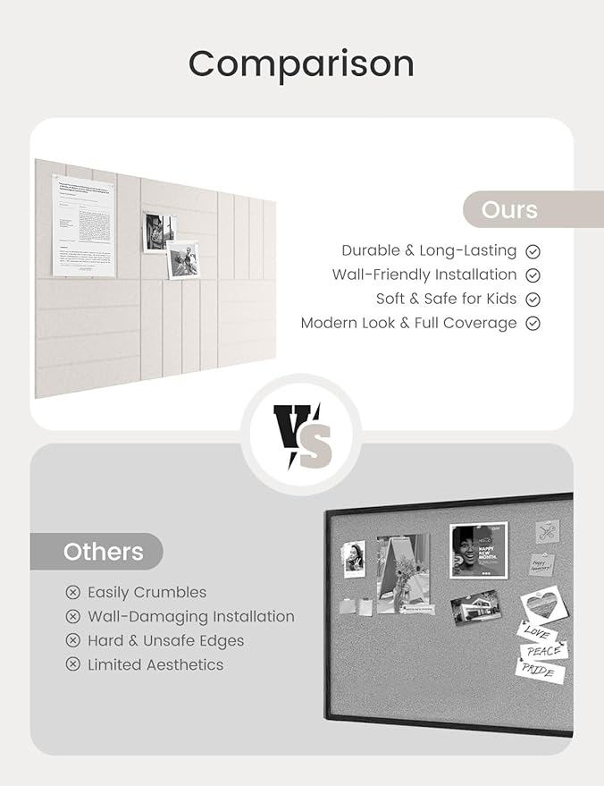 Bumusty Large Cork Board Alternative-36 x24 Felt Bulletin Board Tiles, with 30 Pushpins, 40 Adhesive Tabs, 6-Pack Slat Wall Paneling, Cork Boards for Office Push Pin Board Felt Board-Oatmeal