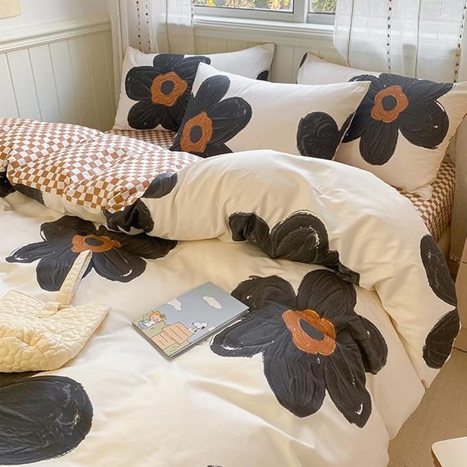 CLOTHKNOW Black Sunflower King Size Comforter Set Floral Bedding Comforter Sets Pumpkin Grid Comforter Boho Comforter with 2 x Pillow Cases