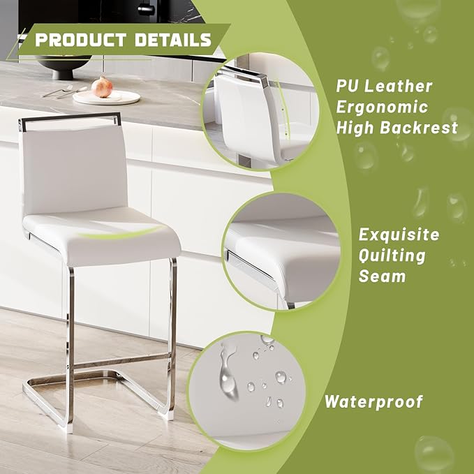 Bar Stools Set of 2,25" Counter Height Bar Stools with Footrest,White Faux Leather Kitchen Stools with Chrome Plated Metal Leg,Counter Height Bartools Ideal for Island Pub Kitchen Counter Dining Chair