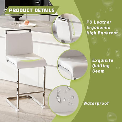Bar Stools Set of 4,25" Counter Height Bar Stools with Footrest,White Faux Leather Kitchen Stools with Chrome Plated Metal Leg,Counter Height Stools Ideal for Island Pub Kitchen Counter Dining Chair