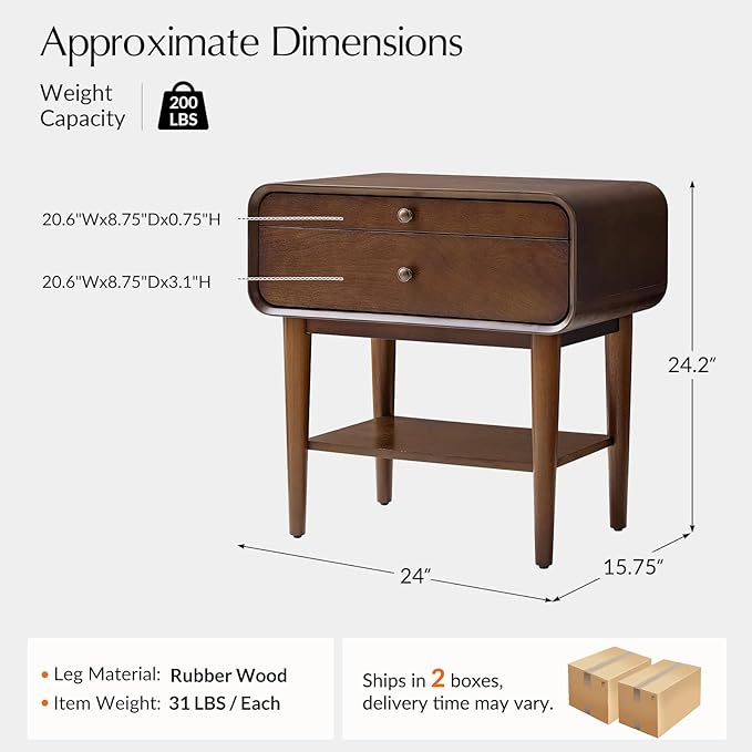 HULALA HOME Nightstand Set of 2 with Pull-Out Shelf, Mid Century Modern End Table with Storage Drawer, Charging Station, Solid Wood Legs, Walnut