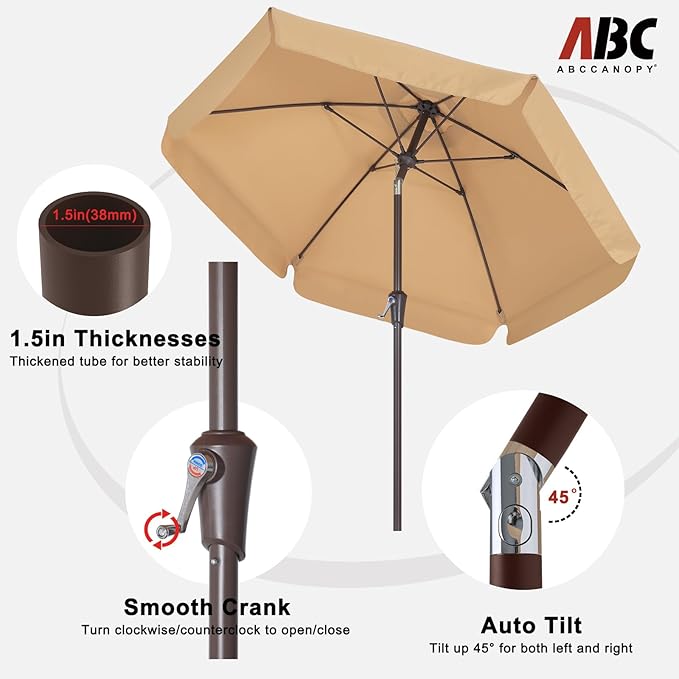 ABCCANOPY 7.5ft Scalloped Patio Umbrella, Outdoor Table Umbrella with Tilt and Crank, Fiberglass Ribs Deck Umbrella for Patio, Pool, Garden, Picnic (Khaki)