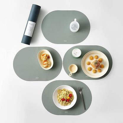 Mint Green Oval Silicone Placemats Set of 4 – Heat Resistant, Waterproof, Easy to Clean Non-Slip Modern Dining Table Mats – Premium Leather Textured Japandi Kitchen Decor
