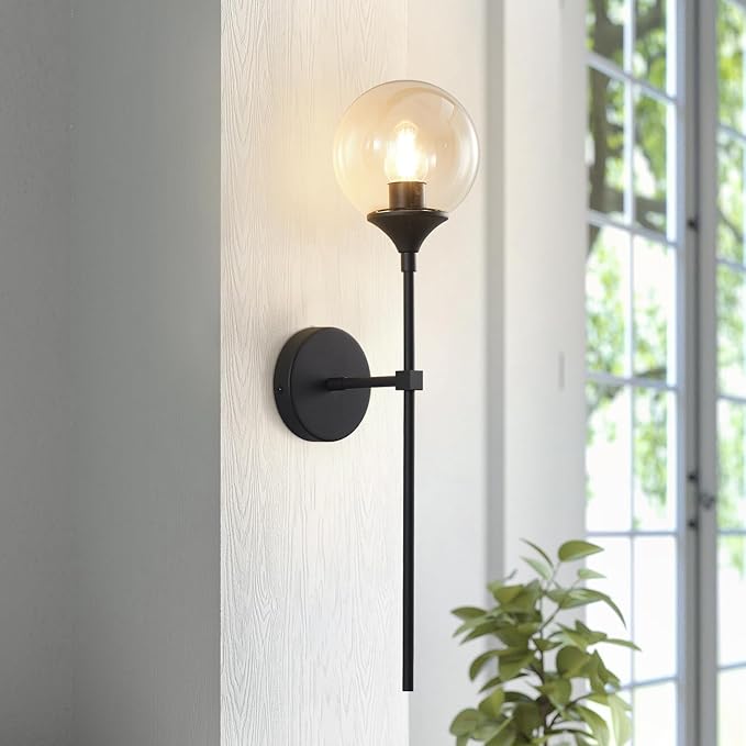 KCO Lighting Amber Glass Globe Wall Sconce Black Slim Long Arm Wall Lamp Mid Century Modern Wall Mounted Reading Light for Bedside Stairs Bathroom Mirror