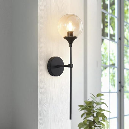 KCO Lighting Amber Glass Globe Wall Sconce Black Slim Long Arm Wall Lamp Mid Century Modern Wall Mounted Reading Light for Bedside Stairs Bathroom Mirror