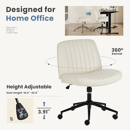 DUMOS Criss Cross Chair with Wheels, Wide Cross Legged Desk Vanity Chairs, Faux Leather Armless Adjustable Swivel Chairs for Home Computer Task, Beige