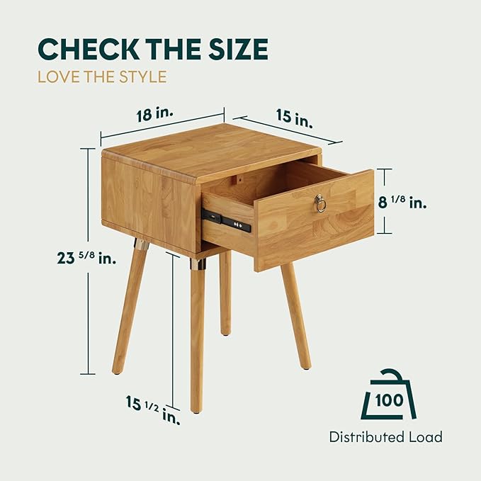 Bme Alden Wood Nightstand, Solid Wood End Table, Mid Century Modern Nightstand, Side Table with 1 Drawer, Compact for Bedroom, Living Room & Study Room, Easy Assembly, Light Natural