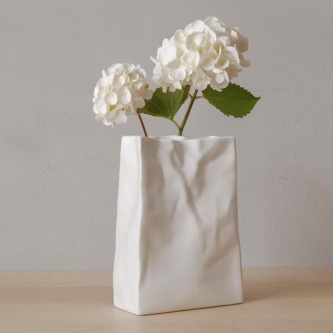 WENSHUO Crinkle Paper Bag Shape Ceramic Flower Vase, Large Capacity for Flower Arrangement, Bookshelf Decorative (Nacre White)