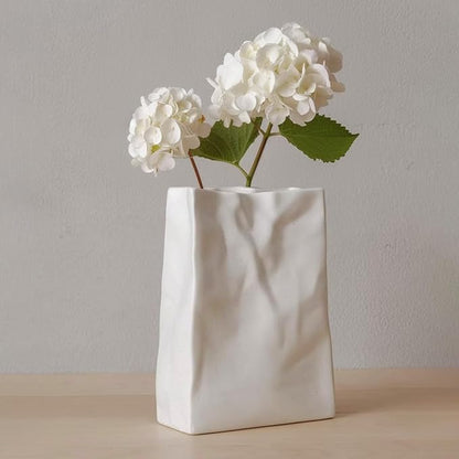 WENSHUO Crinkle Paper Bag Shape Ceramic Flower Vase, Large Capacity for Flower Arrangement, Bookshelf Decorative (Nacre White)