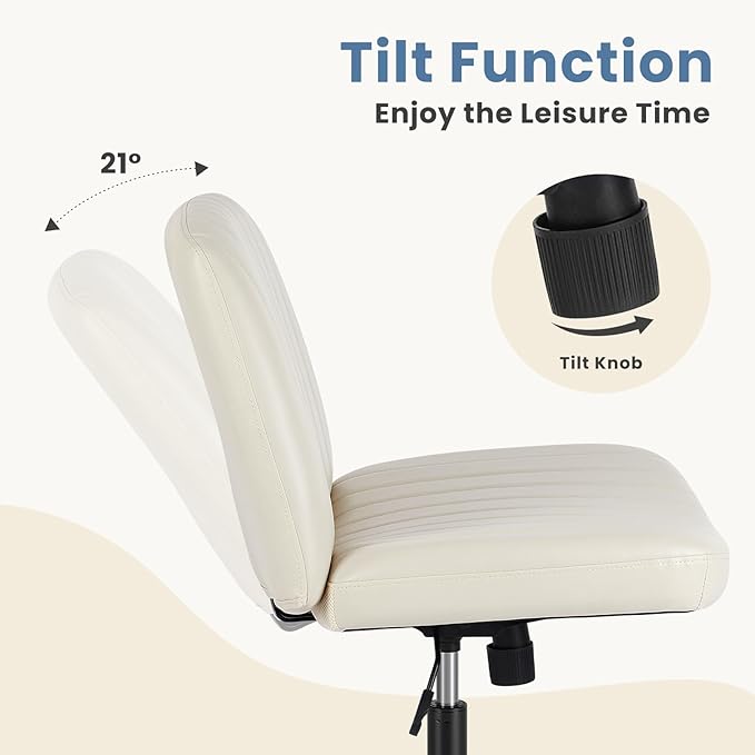 DUMOS Criss Cross Chair with Wheels, Wide Cross Legged Desk Vanity Chairs, Faux Leather Armless Adjustable Swivel Chairs for Home Computer Task, Beige
