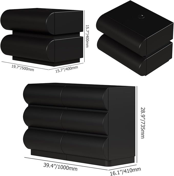 homary Black 3 Piece Bedroom Sets 6 Drawers Dresser and Smart Nightstands Set of 2 with Wireless Charging USB, Faux Leather Chest of Drawers Storage Drawers 3Pcs