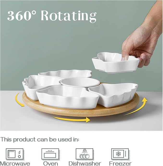 DOWAN 360° Rotatable Serving Platters, 12 Inch Divided Serving Bowls for Party, Kitchen Decor, Removable Serving Dishes for Chips and Dip, Fruit, Veggies, Candy and Snacks, 7 Pieces, White