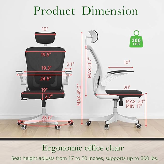 Ergonomic Office Chair, High-Back Mesh Desk Chair with Adjustable Height, Lumbar Support, Flip-Up Armrests,headrest，and Swivel Rolling Design for Home and Office Use