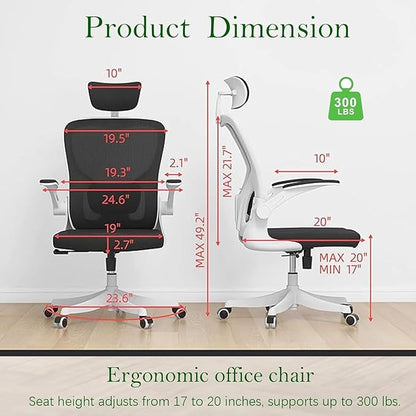 Ergonomic Office Chair, High-Back Mesh Desk Chair with Adjustable Height, Lumbar Support, Flip-Up Armrests,headrest，and Swivel Rolling Design for Home and Office Use