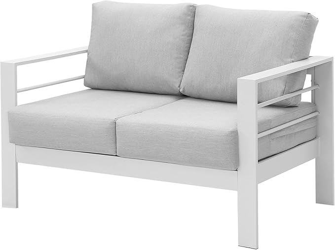 Wisteria Lane Patio Furniture Aluminum Loveseat, All-Weather Outdoor 2 Seats Outdoor Chair, White Metal Chair with Light Grey Cushions