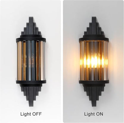 Rustic Black Wall Sconce with Amber Glass Vintage 2-Lights Antique Wall Light Fixture Retro Farmhouse Mid Centry Lantern Wall Sconce for Bedroom, Living Room, Mirror, Fireplace, E12