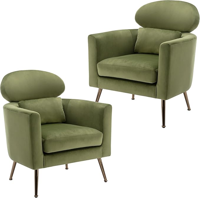 Velvet Accent Chair Set of 2 Comfy Living Room Chair Slipper Chair Mid Century Single Sofa Arm Chair with Golden Legs and Pillow for Bedroom/Guest Room, Olive Green