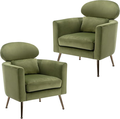 Velvet Accent Chair Set of 2 Comfy Living Room Chair Slipper Chair Mid Century Single Sofa Arm Chair with Golden Legs and Pillow for Bedroom/Guest Room, Olive Green