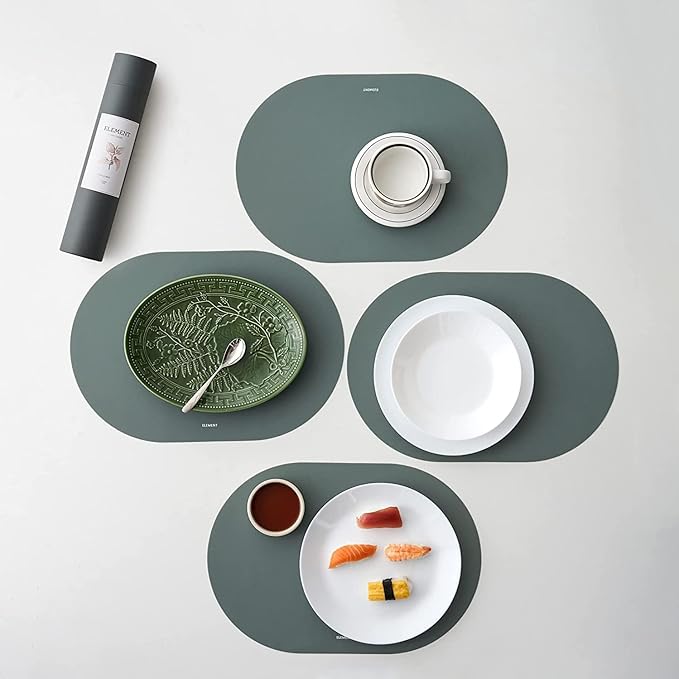 Sage Green Oval Silicone Placemats Set of 4 – Heat Resistant, Waterproof, Easy to Clean Non-Slip Modern Dining Table Mats – Premium Leather Textured Japandi Kitchen Decor